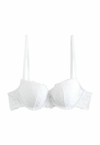 Reggiseno bianco in pizzo con coppe imbottite, motivo floreale, spalline regolabili e chiusura a gancio sulla schiena. Texture liscia nel complesso.