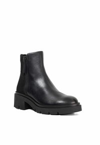 Black ankle boot made of leather with a smooth texture. Features a side zipper, chunky platform sole, and a rounded toe design.