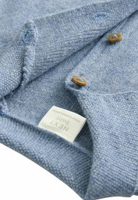 Maglione per neonato di colore azzurro chiaro, lavorato a maglia con una finitura testurizzata, dotato di bottoni in legno e di un'etichetta bianca con la scritta "NEXT baby."