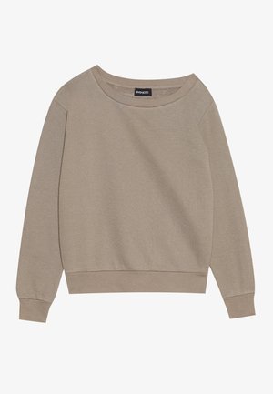 Beige langærmet sweatshirt med en bred udskæring og ribbede manchetter. Blødt stof, afslappet pasform, har minimale sømme og ingen mønstre.