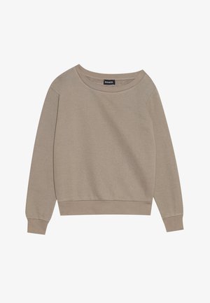 bézs hosszú ujjú pulóver széles nyakkivágással és bordás mandzsettával. Puha anyag, laza szabás, minimális varrásokkal és minták nélkül.