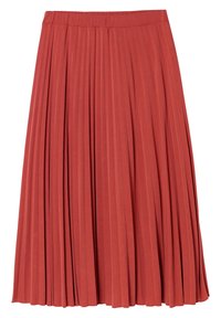 Plissierter Midirock in rostorange. Hergestellt aus einem weichen, strukturierten Stoff mit einem enganliegenden Taillenbund und fließender Silhouette.