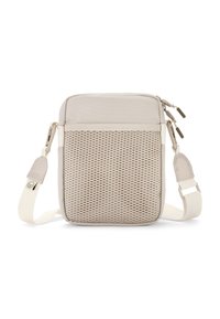 Borsa a tracolla beige con parte frontale in rete texturizzata, parte superiore liscia, tracolla regolabile e chiusura con doppia cerniera. Forma rettangolare piatta.