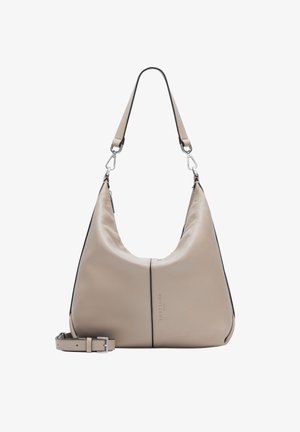 Borsa a spalla in pelle beige con design curvo, rifiniture nere e tracolla regolabile. Presenta un logo discreto e una texture liscia.