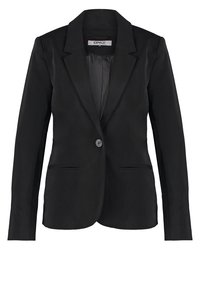 Blazer noir en tissu lisse, avec une fermeture à un bouton, des revers crantés et deux poches latérales. Structure simple et cintrée.