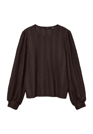 Blouse à manches longues de couleur brun foncé avec un tissu texturé, décolleté rond, manches légèrement volumineuses et poignets ajustés.