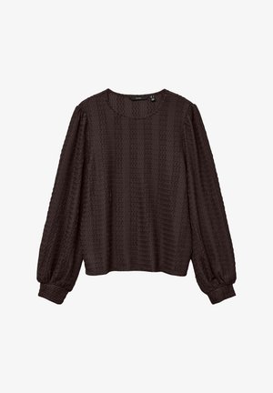 Long-sleeve dark brown blouse with textured fabric, round neckline, slightly puffed sleeves, and fitted cuffs.