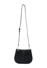Black synthetic leather shoulder bag with a curved shape, adjustable strap, gold hardware, and a central decorative seam.