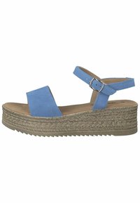 Sandales compensées en cuir bleu suédé avec une bride de cheville, dotées d'une semelle de texture semblable au liège et d'un large bandeau à l'avant pour un meilleur maintien.