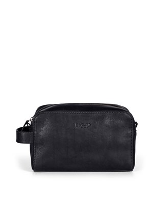 Schwarze Leder-D toiletry Tasche mit rechteckiger Form, strukturiertem Oberflächen, einem Reißverschluss oben und einem seitlichen Griff für einfaches Tragen.
