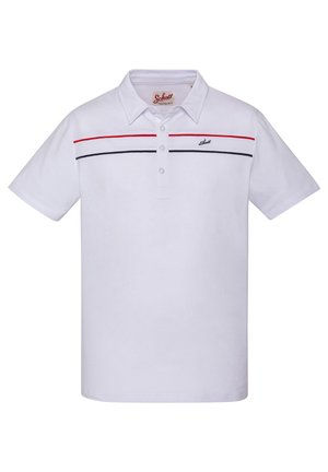 Biała koszulka polo z krótkim rękawem z czerwonymi i czarnymi poziomymi paskami na piersiach oraz małym logo "Schott" po lewej stronie.