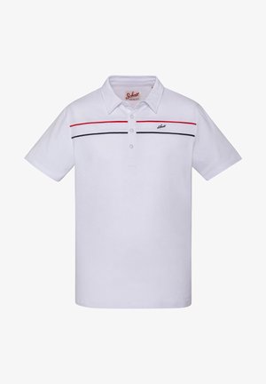 Biała koszulka polo z krótkim rękawem z czerwonymi i czarnymi poziomymi paskami na piersiach oraz małym logo "Schott" po lewej stronie.