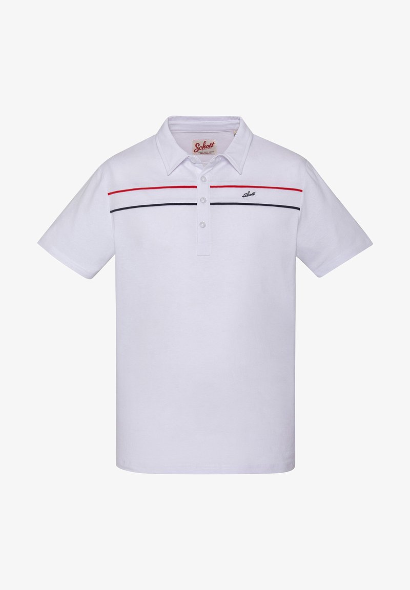 Polo blanc à manches courtes avec des rayures horizontales rouges et noires sur la poitrine et un petit logo « Schott » sur le côté gauche.