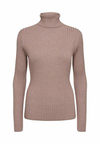 Knit turtleneck sweater in soft, light brown material with vertical ribbed texture and long sleeves.