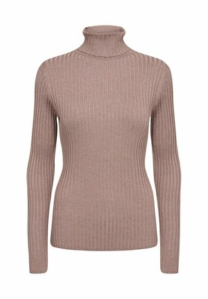 Knit turtleneck sweater in soft, light brown material with vertical ribbed texture and long sleeves.