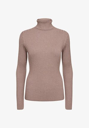 Gebreide coltrui van zacht, lichtbruin materiaal met een verticale ribbelstructuur en lange mouwen.