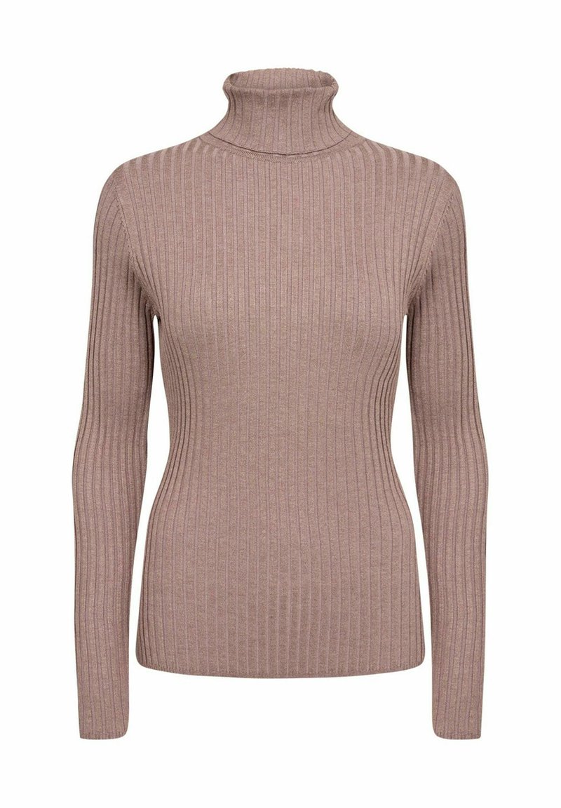 Knit turtleneck sweater in soft, light brown material with vertical ribbed texture and long sleeves.