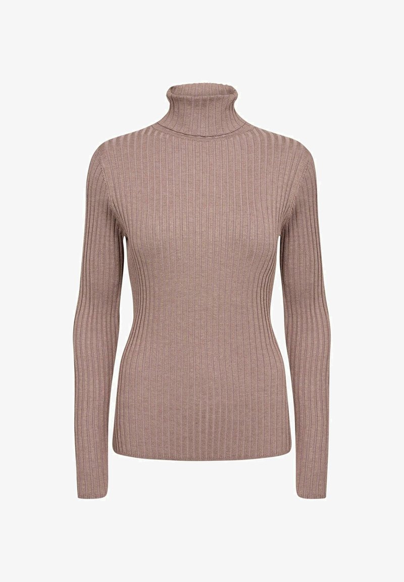 Neulepusero, jossa on pehmeä, vaaleanruskea materiaali, pystyribbikuvio ja pitkät hihat.