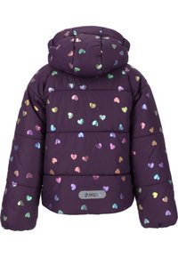 Doudoune violette avec capuche, ornée de motifs de cœurs métalliques multicolores. Finie avec des poignets élastiques et un logo au bas.