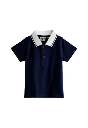 Marineblaues Kinder-Polo mit kurzen Ärmeln, weißem Kragen und drei Knöpfen vorne.