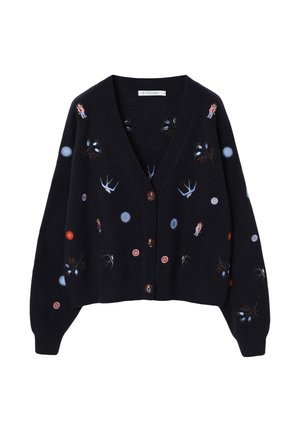 Marineblå strikket cardigan med broderede fugle og blomsterdesigns, V-hals, oversized ærmer og brune knapper.