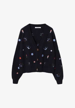 Cardigan bleumarin tricotat, cu broderii de păsări și motive florale, decolteu în V, mâneci oversize și nasturi maro.