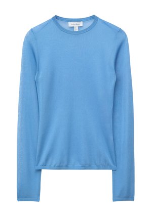 Maglione a maniche lunghe color azzurro chiaro con collo a giro e polsini a costine, mostrato disteso su uno sfondo bianco.