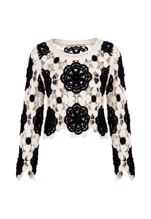 Langärmliges Häkel-Top mit schwarz-weißen Blumenmustern und gewelltem Saum, mit durchsichtigem offenem Strickdesign.
