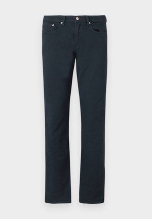 Pantalon en coton bleu marine foncé à jambe droite, doté de deux poches avant et d'une fermeture à bouton avec quincaillerie en métal. Texture douce.
