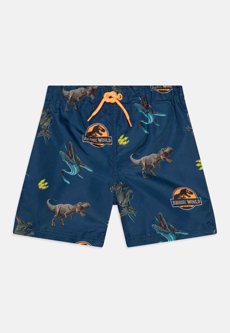 Pantaloni da bagno blu con grafiche di dinosauri e logo Jurassic World. Progettati con vita elastica e lacci arancioni.