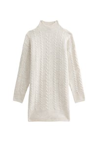 Hellbeiger Rollkragenpullover aus strukturiertem Strick mit Kabelmustern, mit langen Ärmeln und einem gerippten Saum sowie Rippbündchen.