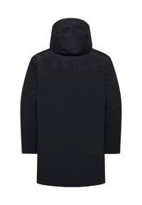 Parka nera con cappuccio, dotata di una finitura opaca, maniche lunghe e un taglio dritto. Texture liscia con un design semplice, dettagli minimi.