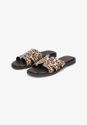 Leopard-Muster Slide-Sandalen mit glatter Oberfläche, zwei breiten Riemen, offener Zehenpartie und schwarzem Gummisohle. Entworfen für die Freizeit.