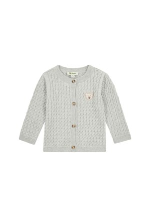 Light grey knitted baby cardigan with cable pattern, round neck, brown buttons down front, and small teddy bear patch on left chest.