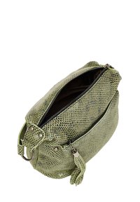 Borsa in pelle verde con un design a stampa di serpente. Presenta una chiusura con zip e un tassello rimovibile. Forma compatta e arrotondata.