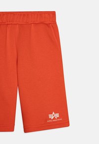 Červené bavlněné kraťasy s elastickým páskem, s bočními kapsami a bílým logem "Alpha Industries" na dolní pravé noze.