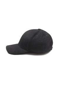 Zwarte wollen honkbalcap met een gebogen klep, een gladde textuur en zes ventilatie-oogjes op de kroon. Klassiek design in een effen kleur.