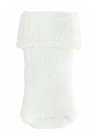Weißer Frotteesocke mit einem dicken, umgeschlagenen Bündchen und einem glatten, gestrickten Körper, der für Komfort und Wärme sorgt.