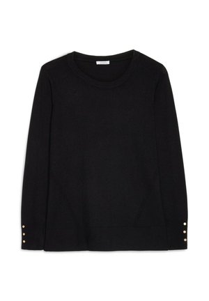 Schwarzer Pullover mit langen Ärmeln und rundem Hals, mit drei kleinen goldenen Knöpfen an jedem Ärmelbund, flach auf weißem Hintergrund ausgelegt.