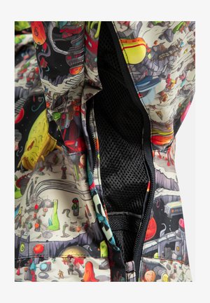 Jacke mit bunten, weltraumthematischen Illustrationen und einer schwarzen Mesh-Reißverschlussbelüftungsöffnung auf weißem Hintergrund.