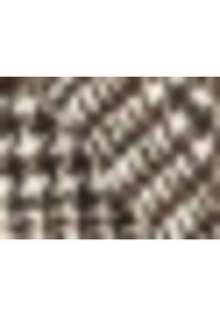 Braun und cremefarbener gewebter Stoff, der ein strukturiertes Hahnentrittmuster mit leichtem Glanz zeigt, geeignet für Polster- oder Modeanwendungen.