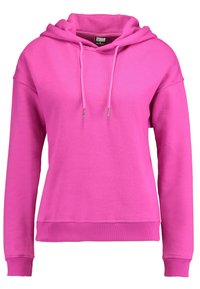 Světlé růžové mikiny s kapucí, dlouhými rukávy, předními stahovacími šňůrkami a žebrovanými manžetami a spodním lemem.