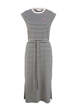 Gestreiftes Kleid aus weichem Stoff, mit Rundhalsausschnitt, kurzen Ärmeln, Taillentaille und einem roten Herzdetail; seitliche Schlitze für mehr Bewegungsfreiheit.