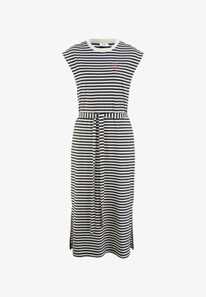 Gestreiftes Kleid aus weichem Stoff, mit Rundhalsausschnitt, kurzen Ärmeln, Taillentaille und einem roten Herzdetail; seitliche Schlitze für mehr Bewegungsfreiheit.