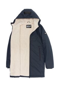 Giacca esterna blu marina con interno in pile beige, dotata di cappuccio, tasca frontale con zip e etichetta del marchio Schott all'interno.