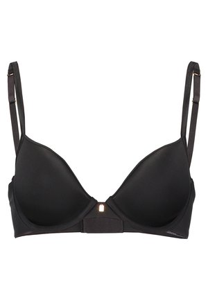 Schwarzer nahtloser Push-up-BH mit verstellbaren Trägern und einem zentralen dekorativen Hardware-Element. Ausgestattet mit glattem, weichem Stoff und einer konturierten Form.