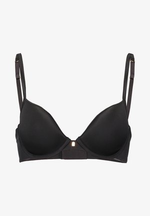 Svart sømløs push-up BH med justerbare stropper og en sentral dekorativ detalj. Har glatt, myk stoff og en formet fasong.