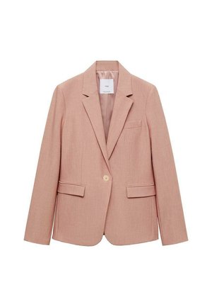 Light pink blazer made of textured fabric, featuring a single button closure, notched lapels, and two front pockets.