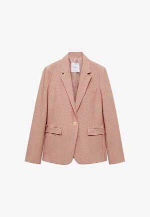 Light pink blazer made of textured fabric, featuring a single button closure, notched lapels, and two front pockets.