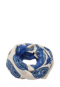 Beżowy szalik w niebieski wzór paisley, miękka tekstura i okrągły kształt, z detalicznymi kwiatowymi zdobieniami na krawędziach.